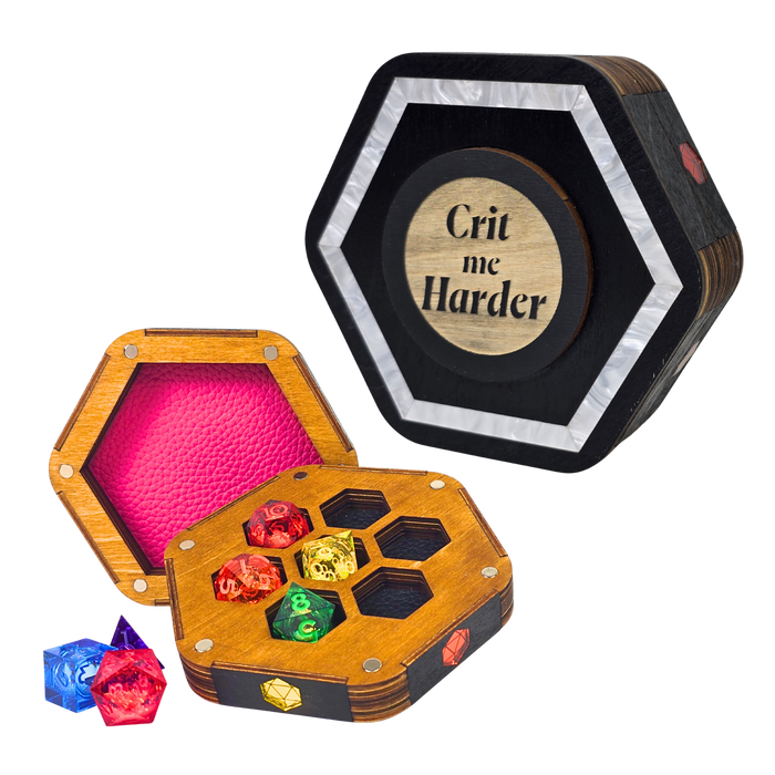 Jeweled Agenda Dice Vault | Acrylic Inlaid 7-Dice Storage with Coaster