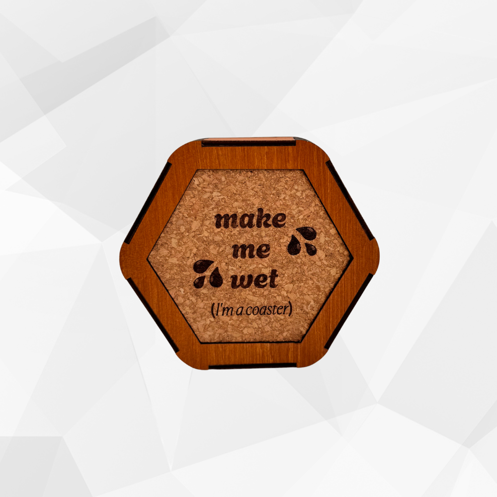 Hexagonal dice box with cork coaster with wooden border and text on a white background