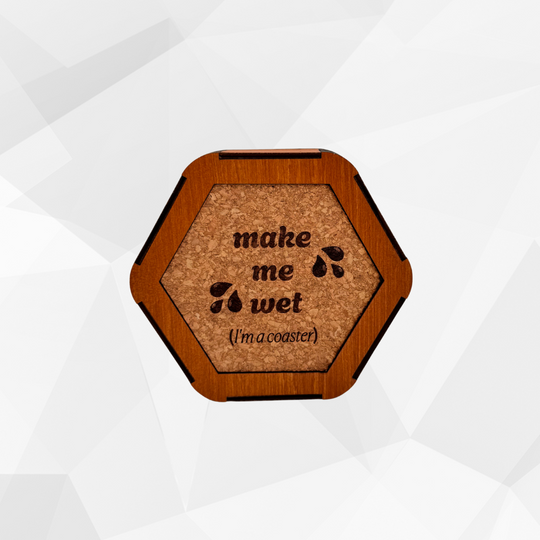 Hexagonal dice box with cork coaster with wooden border and text on a white background