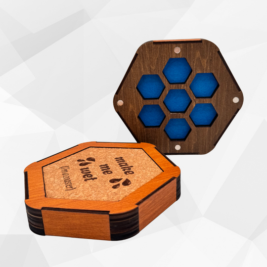Hexagonal wooden and blue honeycomb patterned container on a white background