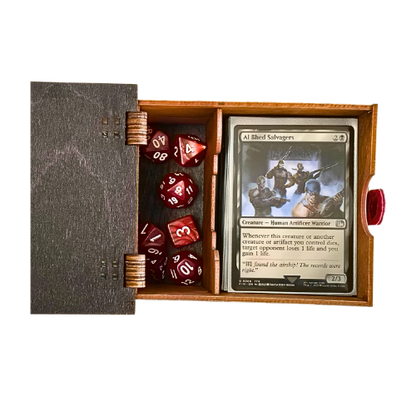 Gay Agenda Commander Deck Tome interior with dice and MTG card storage