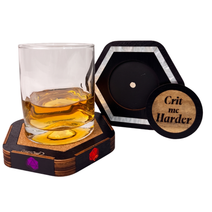 Jeweled Agenda Dice Vault used as a whiskey glass coaster on its cork base, with the swappable magnetic Crit me Harder wood medallion shown detached
