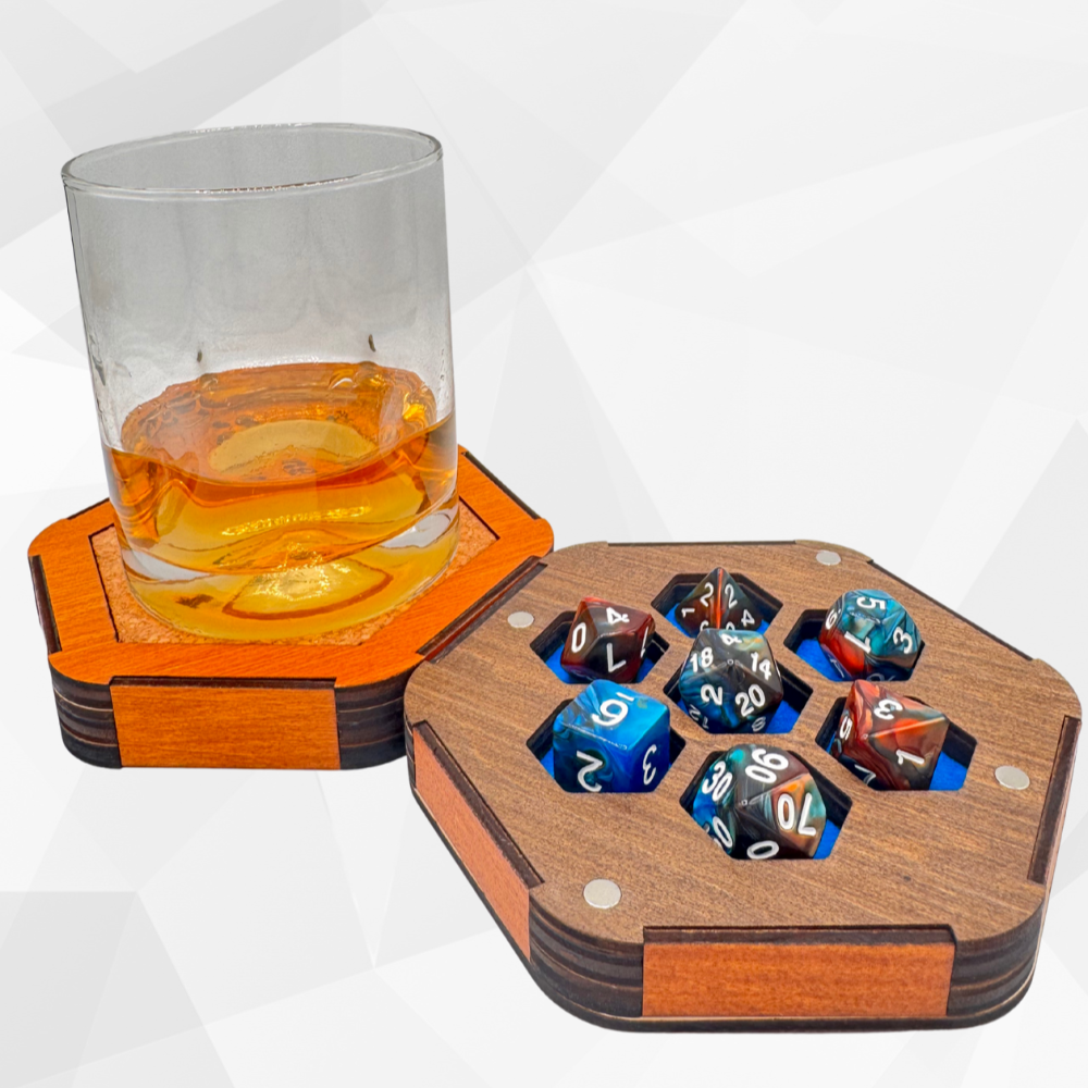 Wooden dice tray with dice and a glass of whiskey on a white background