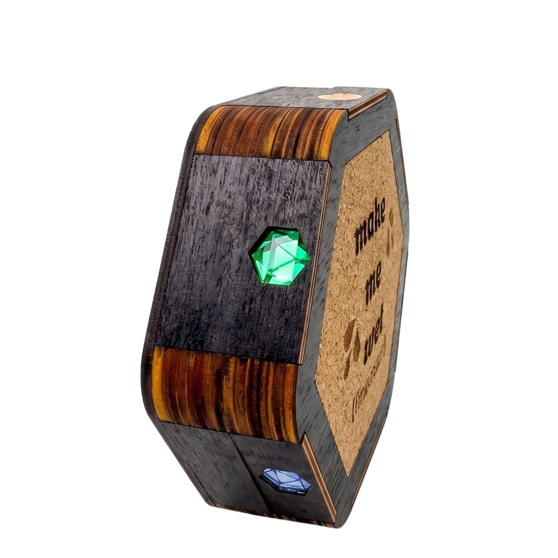Closed Jeweled Agenda Dice Vault on its side showing the layered birch edge, green and blue mirrored D20 pride gems, and the cork make me wet coaster base