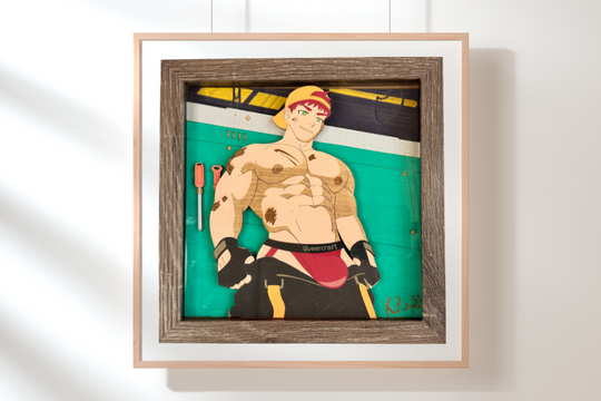 Framed artwork of a muscular figure with a colorful background on a white wall
