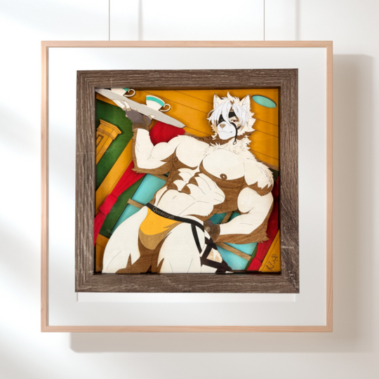 Framed artwork of a stylized character with a colorful background on a white wall.