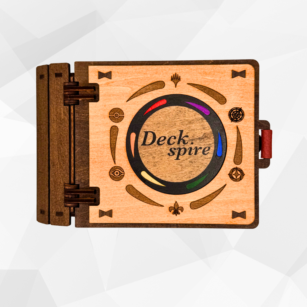 Wooden deck box with 'Deck Spire' branding on a white background