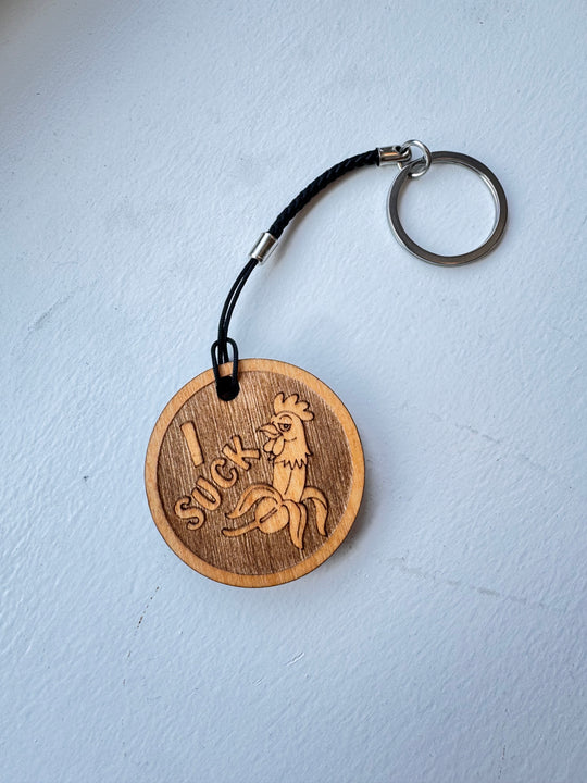 "I Suck" | Engraved Wood Queer Keychain