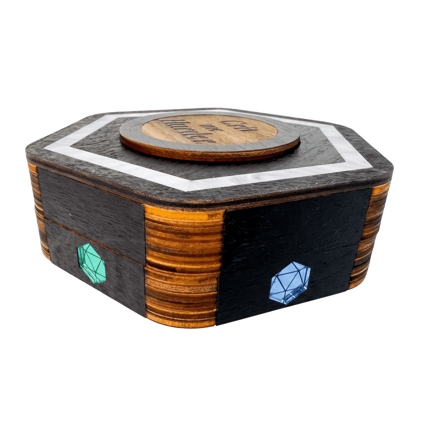 Jeweled Agenda Dice Vault | Acrylic Inlaid 7-Dice Storage with Coaster