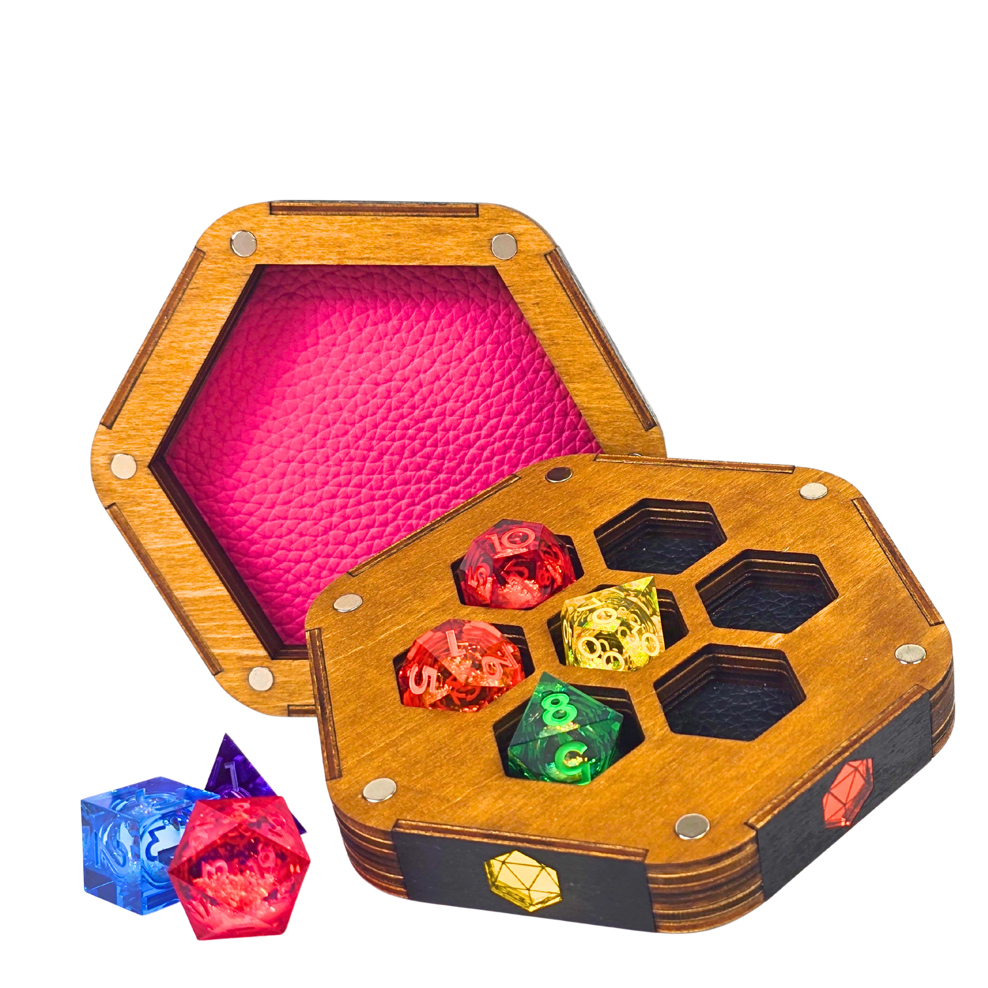 Jeweled Agenda Dice Vault | Acrylic Inlaid 7-Dice Storage with Coaster