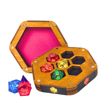 Jeweled Agenda Dice Vault | Acrylic Inlaid 7-Dice Storage with Coaster