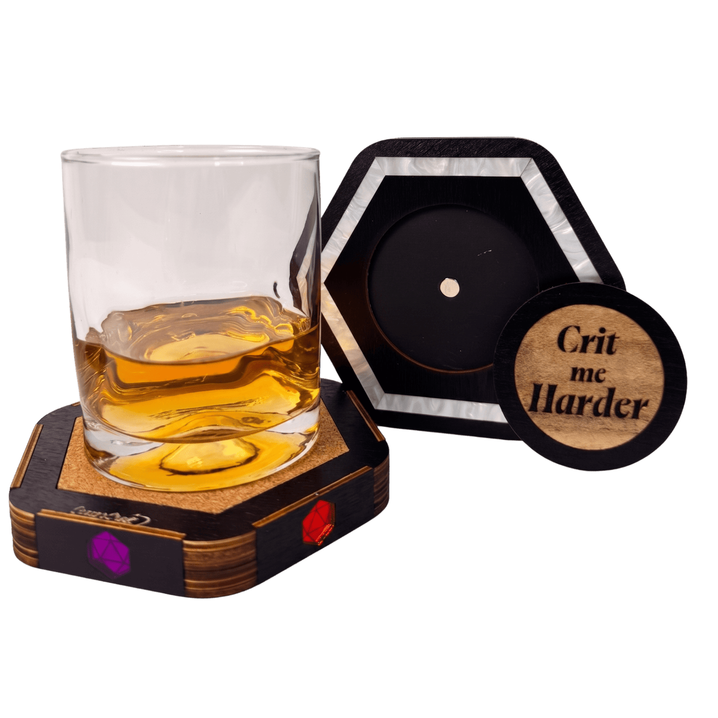 Jeweled Agenda Dice Vault | Acrylic Inlaid 7-Dice Storage with Coaster