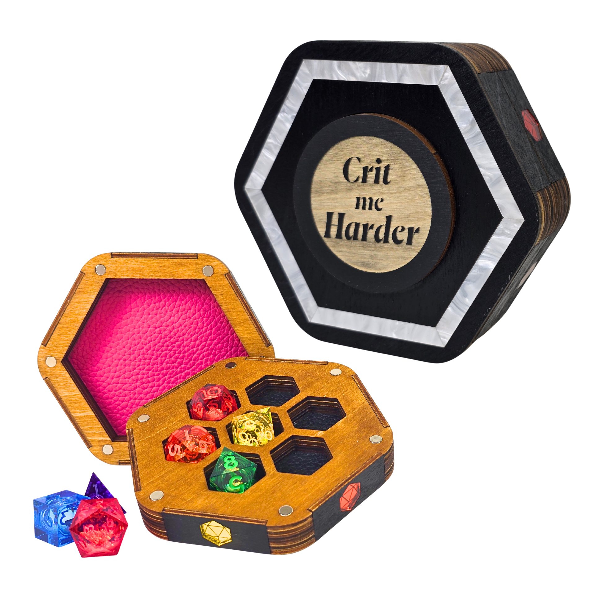 Jeweled Agenda Dice Vault | Acrylic Inlaid 7-Dice Storage with Coaster