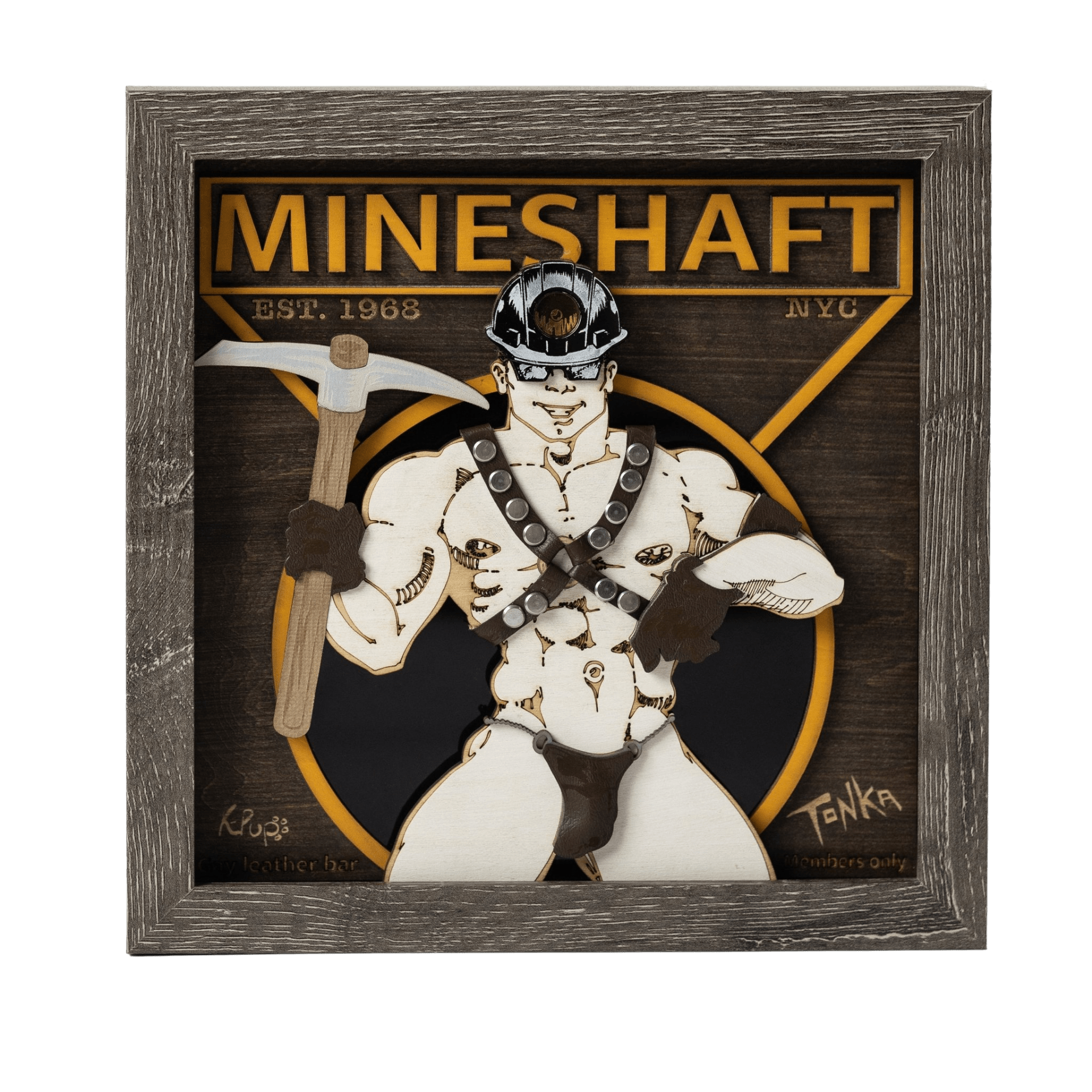 Mineshaft 8x8 leather daddy shadowbox, a collaboration between TonkaArt and QueerCraft